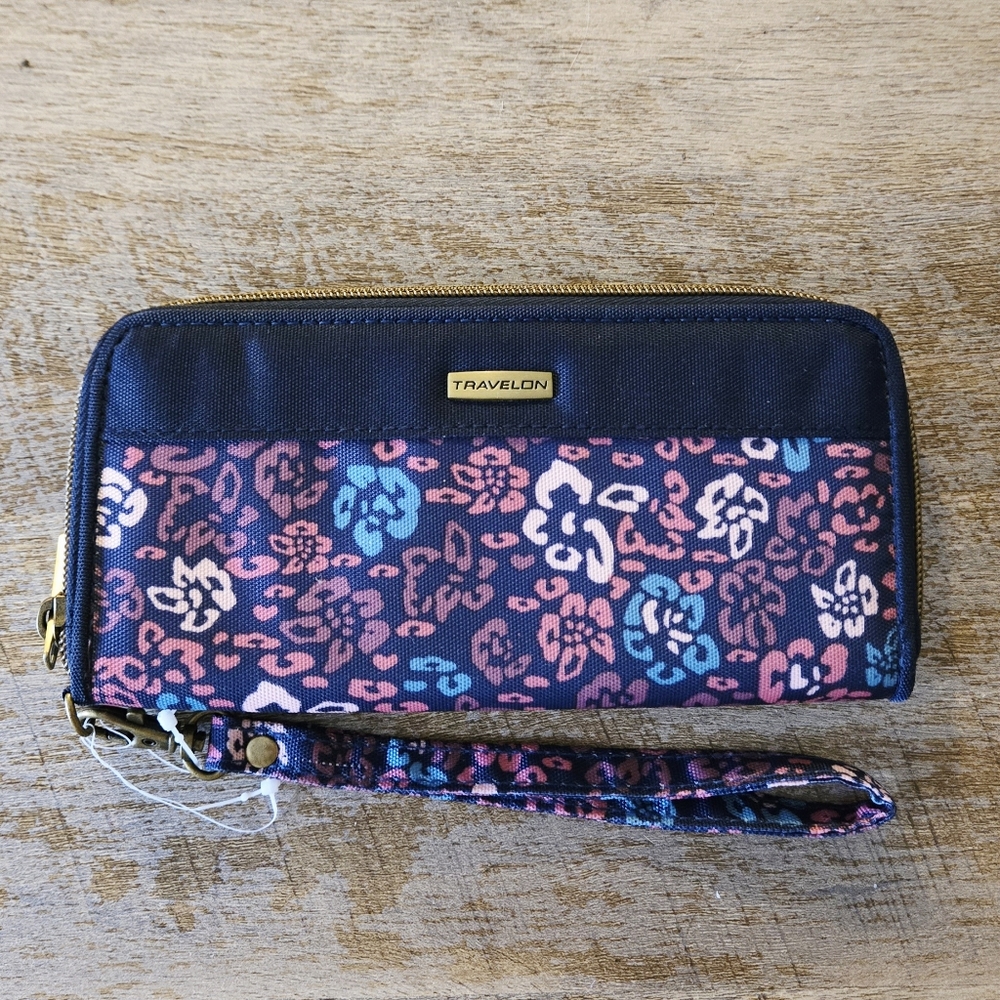 Travelon Navy Floral Zip-Around Wristlet with Pink and Teal Accents